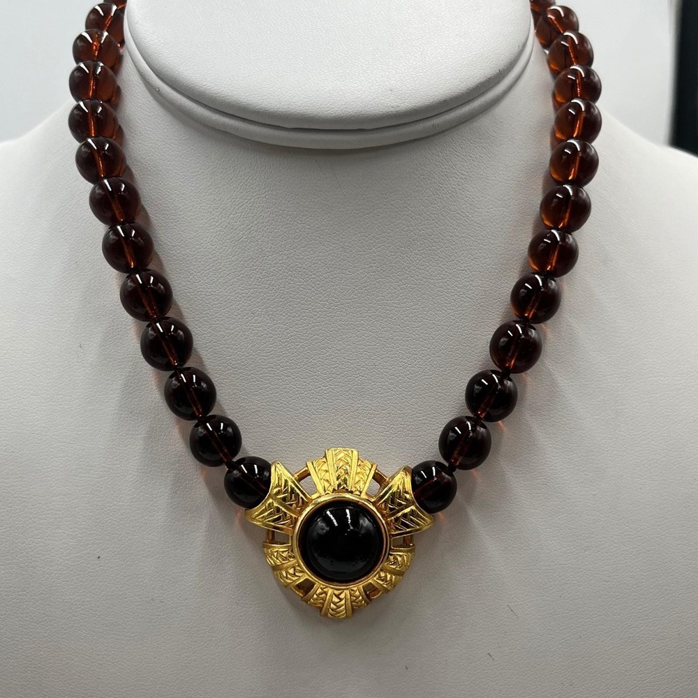 SWAROVSKI Swan Signed Vintage Brown Glass Beaded Etruscan Style choker Necklace